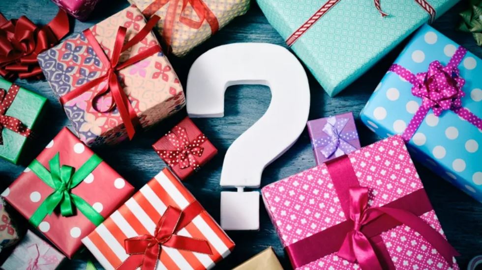 Christmas presents with a question mark